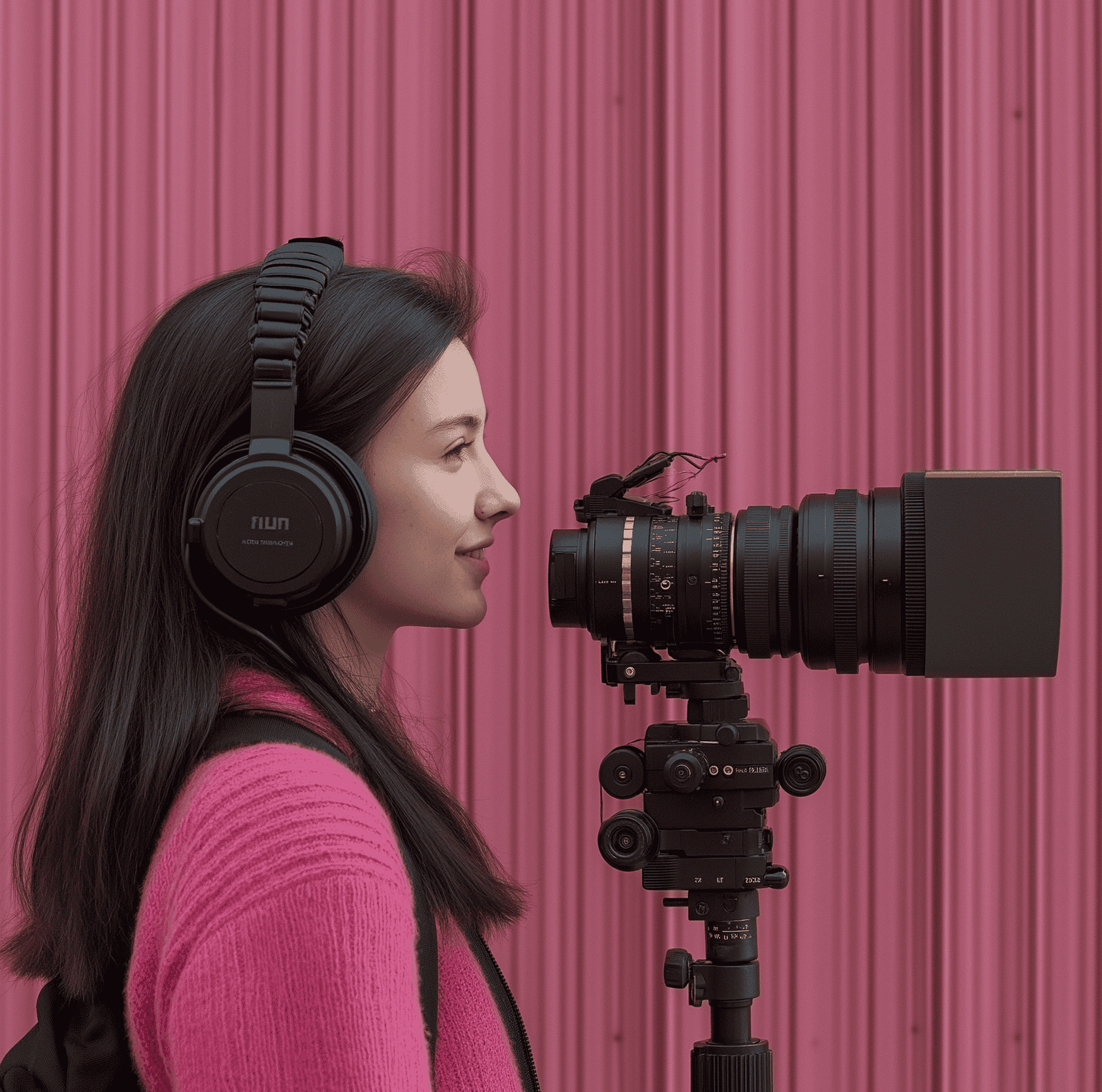 Female videographer with professional camera and headphones in a pink studio background.