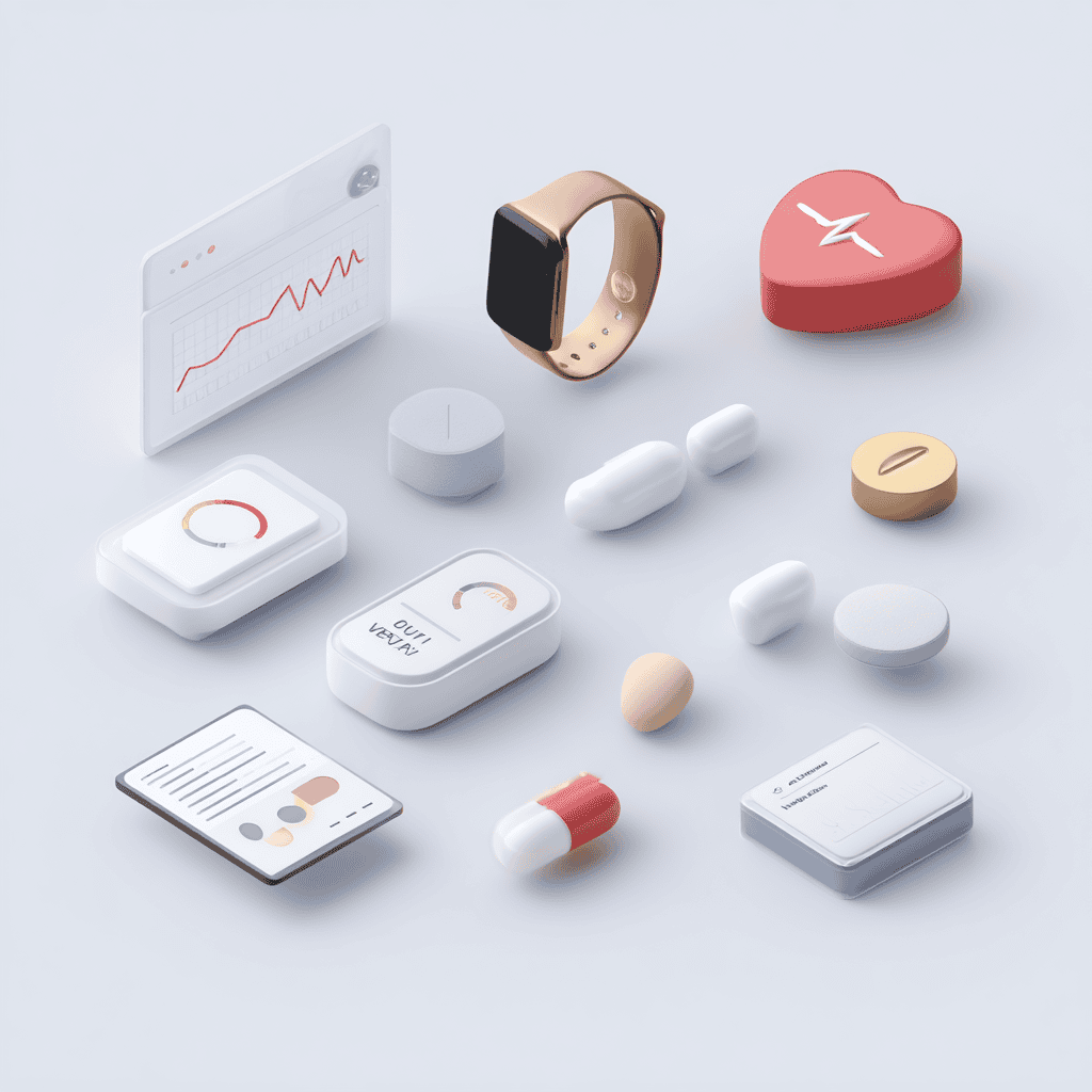 Battery-powered wearable health devices, smartwatch, medication, and health monitoring gadgets on a white background.