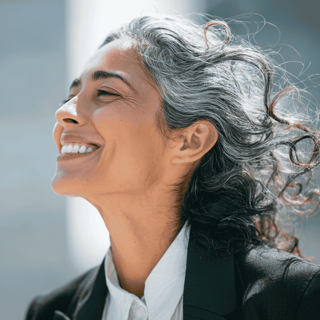 Smiling mature woman with gray hair enjoying sunny outdoors in professional attire.
