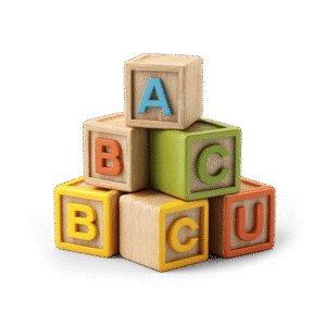 Colorful baby blocks with letters A, B, C, and U in pastel shades, stacked in a playful pyramid on a black background, emphasizing early childhood education and development.