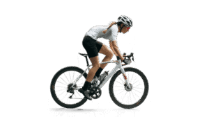 High-performance female cyclist riding a white mountain bike, wearing a helmet, sunglasses, and athletic gear, isolated on black background.