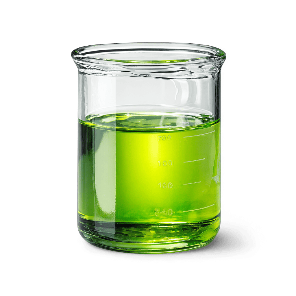 Green liquid in a beaker, laboratory test tube, or scientific glassware for chemistry experiments.