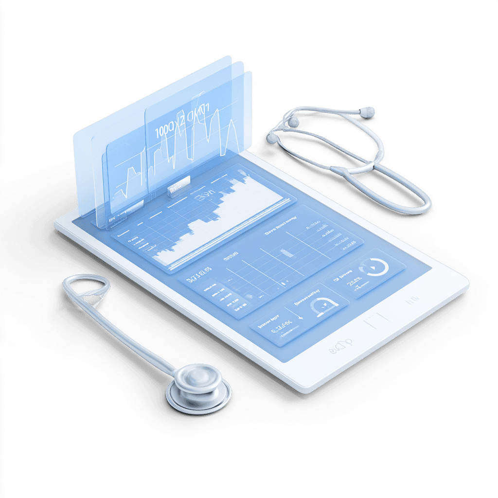 Device hologram showing health data with stethoscope, futuristic medical technology concept, digital health monitoring, transparent interface, advanced healthcare tools.