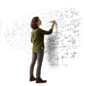 Equation analysis in chalkboard, woman solving mathematical problem, academic research, physics and math study, educational illustration, scientific work, research concept, mathematical formulas, teaching and learning, classroom or educational setting.