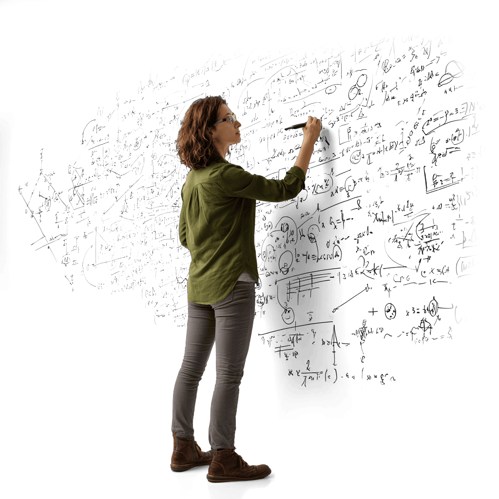 Equation analysis in chalkboard, woman solving mathematical problem, academic research, physics and math study, educational illustration, scientific work, research concept, mathematical formulas, teaching and learning, classroom or educational setting.