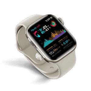 Smartwatch displaying health and fitness data including heart rate and activity charts.