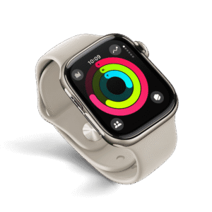 Advanced Apple Watch displaying fitness activity rings and health tracking features.